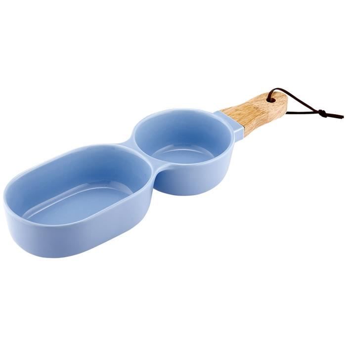 LADELLE Bol à apéritif à 2 compartiments - Bleu - Porcelaine et bambou - 34,5 x 9,5 x 4,8 cm