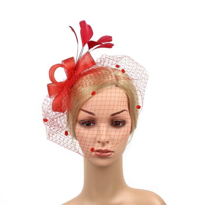 Rouge Accessoires de mariée voile cheveux mariage arc chapeau fleur photo plume masque maille tête accessoires