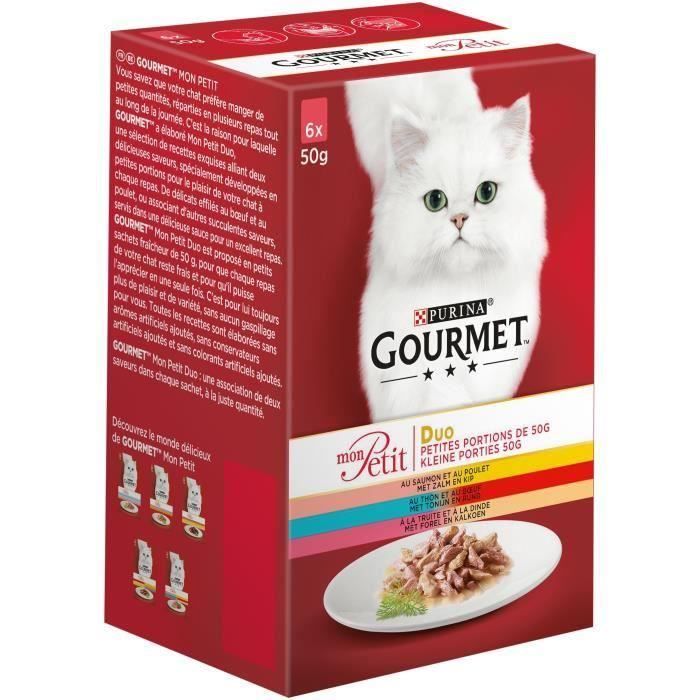 GOURMET Mon Petit Duo - Au saumon et au poulet - Au thon et au bŒuf - Truite et à la dinde - Pour chat adulte - 6 x 50 g (Lot de 3)