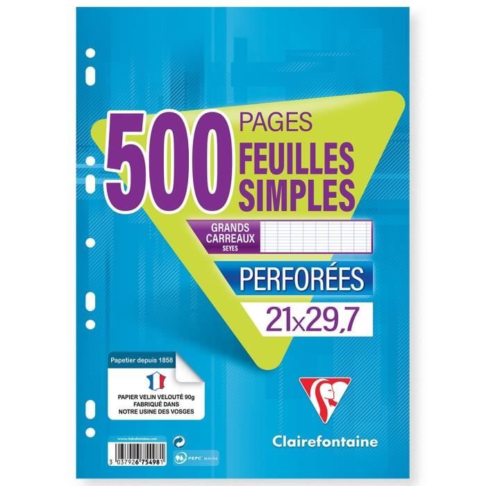 CLAIREFONTAINE - Feuilles simples blanches - Perforées - 21 x 29,7 - 500 pages Seyès - Papier P.E.F.C 90G