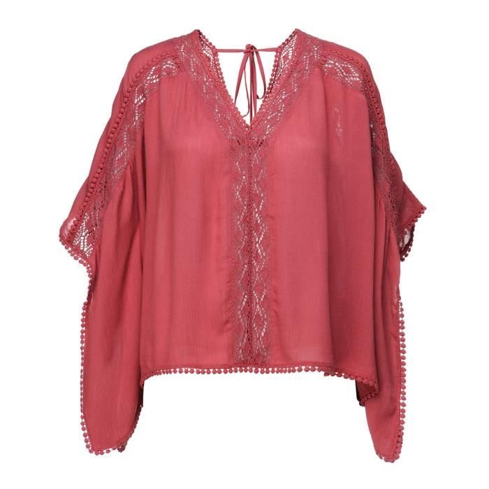 DEELUXE - LAO Blouse Courte Oversize Terracota à Col En V et Broderie Anglaise