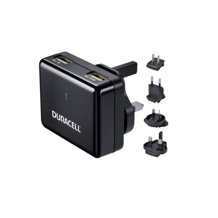 Duracell Chargeur Voyage 3.4 A, 2 Port USB Entrée 100-240 V Noir