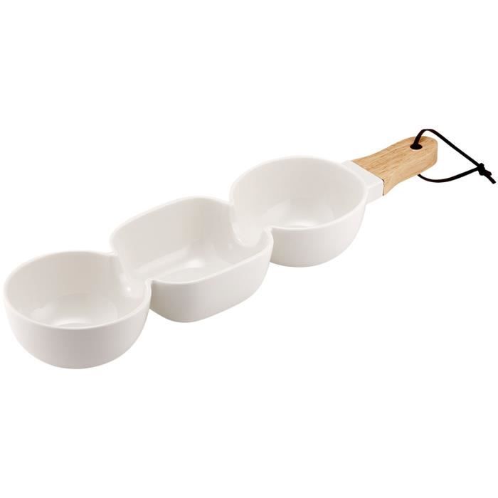 LADELLE Bol à apéritif à 3 compartiments - Blanc - Porcelaine et bambou - 40 x 9,8 x 5,2 cm