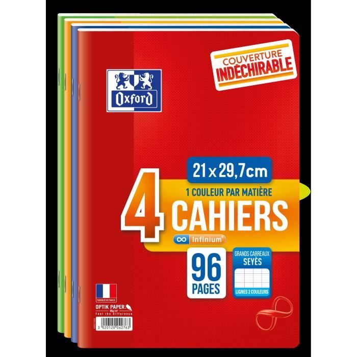 OXFORD Lot de 4 cahiers agrafés 96 pages seyès 21 x 29,7 cm Infinium - 90g