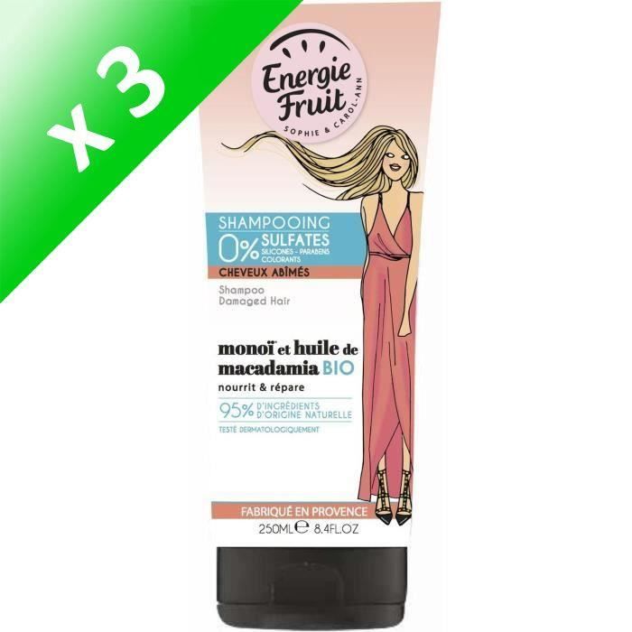 ENERGIE FRUIT Shampoing pour cheveux abîmés - Monoï et Huile de Macadamia - 250 ml (Lot de 3)