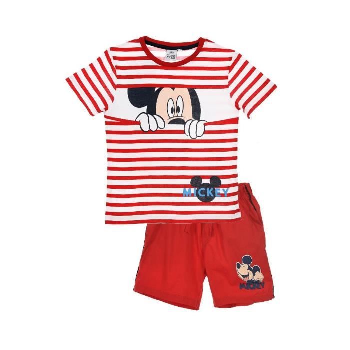MICKEY Ensemble Short + T-shirt Manches Courtes Rouge Sérigraphié Enfant Garçon