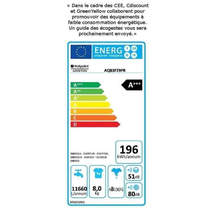  AQ83F29FR - Lave linge frontal - 8 kg - 12001
