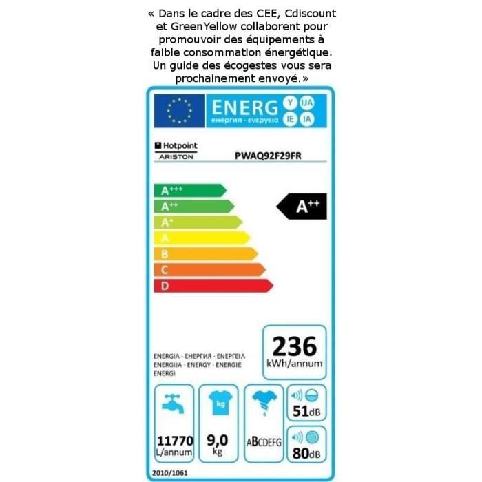  PWAQ92F 29 FR - Lave linge frontal - 9 kg - 12002