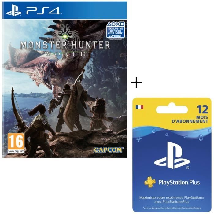 Monster Hunter World jeu PS4 + Abonnement Playstation Plus 12 Mois