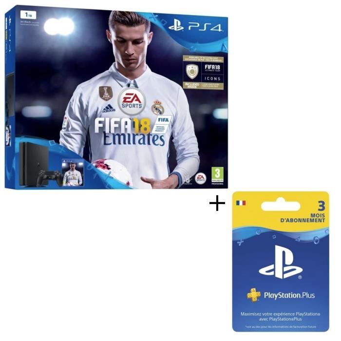 Pack Nouvelle PS4 Slim 1 To + FIFA 18 Jeu PS4 + Abonnement Playstation Plus 3 Mois