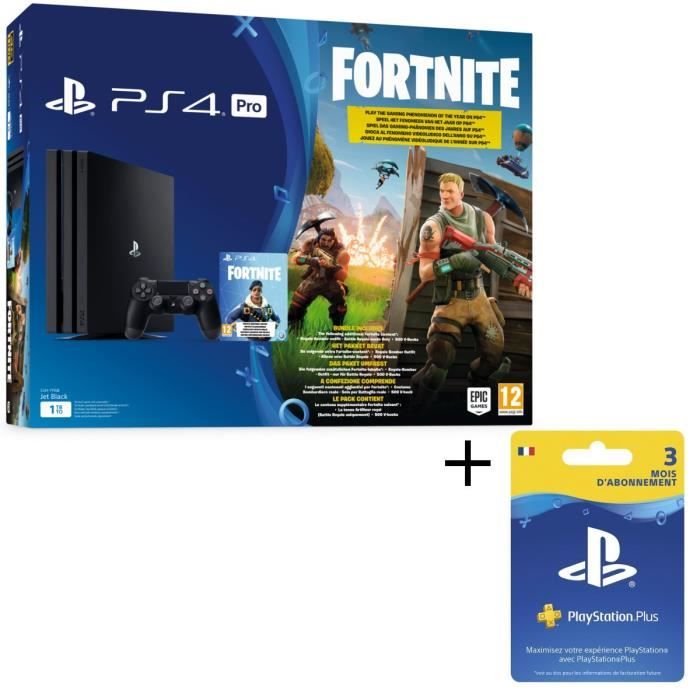 Pack PS4 PRO Noire 1 To + Fortnite + Abonnement Playstation Plus 3 Mois