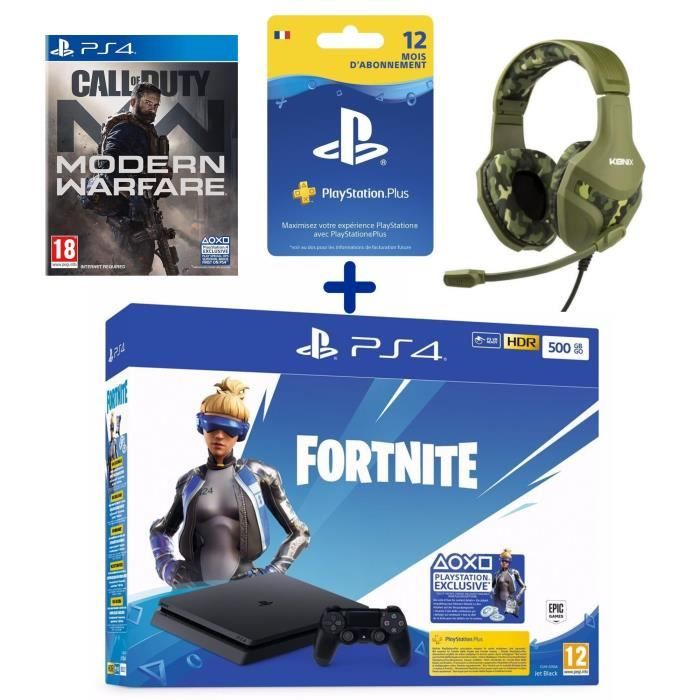 PS4 Slim 500 Go + Call Of Duty Modern Warfare + Casque Konix PS-400 Camouflage + Abonnement 12 Mois PS Plus + Voucher Fortnite