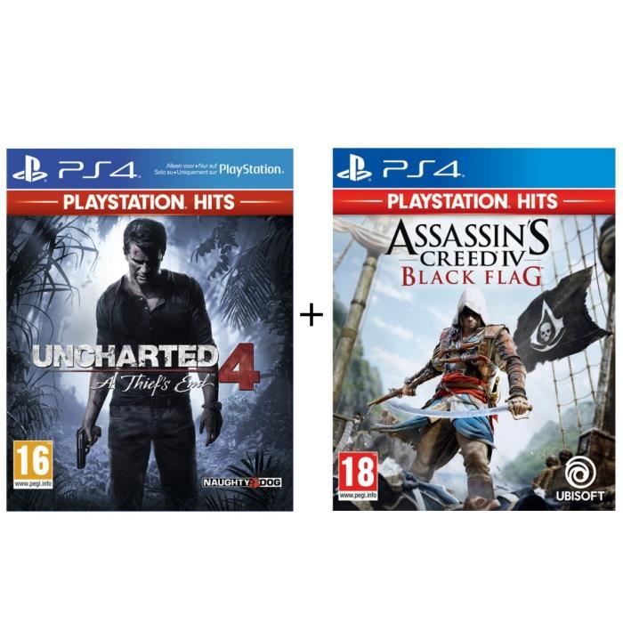 Pack 2 Jeux PS4 PlayStation Hits : Uncharted 4 A Thief's End + Assassin's Creed 4 Black Flag