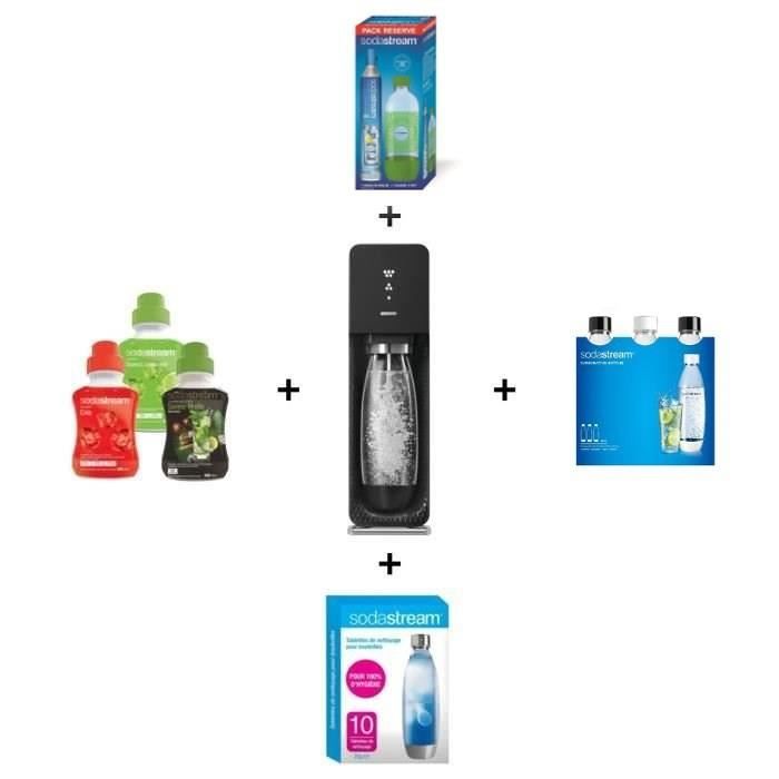 SODASTREAM Méga pack Machine Source noire + 3 bouteilles d'1L + Cylindre CO2 + Pastilles de nettoyage + 3 concentrés de 500 ml