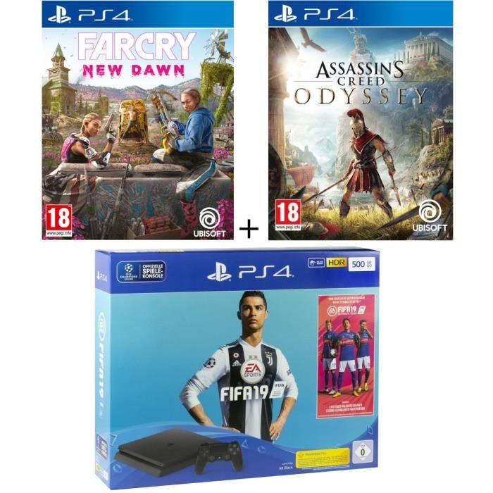 Pack PS4 500 Go + 3 jeux : FIFA 19 + Far Cry New Dawn + Assassin's Creed Odyssey