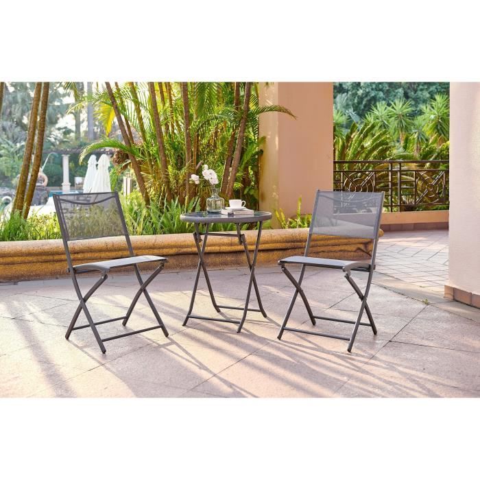 FINLANDEK - Ensemble salon de jardin 2 places - Table ronde pliable plateau verre trempé chaises pliantes acier - Gris anthracite