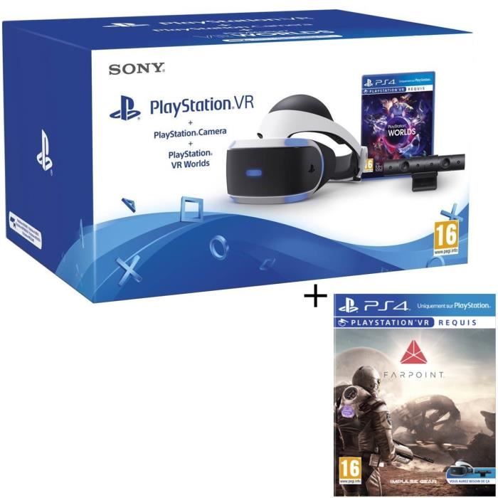 PlayStation VR + PlayStation Caméra + 2 Jeux : VR Worlds + Farpoint VR