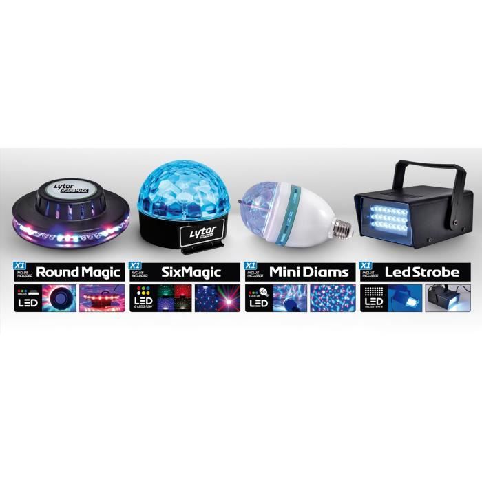 LYTOR DIAMS Pack Jeux de Lumiere - Mini Diams + LED Strobe + SixMagic + Round Magic - 4 Pieces