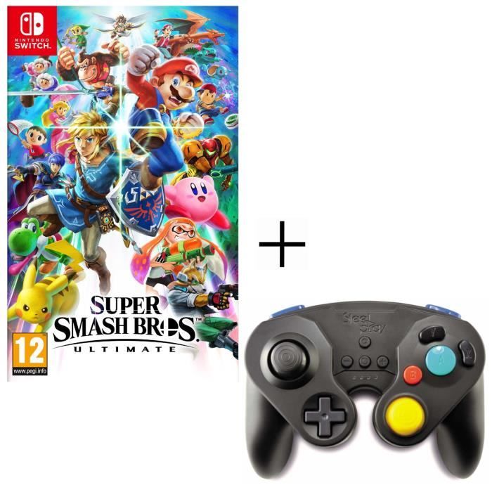 Pack Super Smash Bros Ultimate Jeu Switch + Manette Néo Rétro Sans Fil Steelplay Noire pour Switch