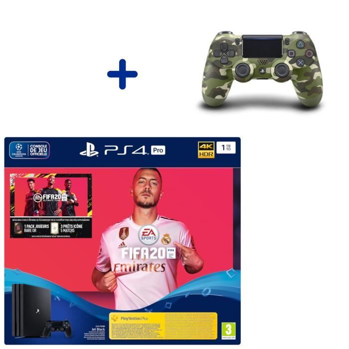 Pack Console PS4 Pro 1To Noire + Fifa 20 + Manette DualShock 4 Green Camo + PS Plus Voucher 14 Jours