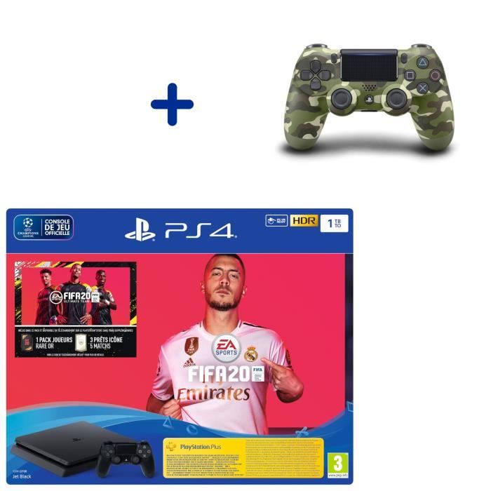 Pack Console PS4 Slim 1To Noire + Fifa 20 + Manette DualShock 4 Green Camo + PS Plus Voucher 14 Jours