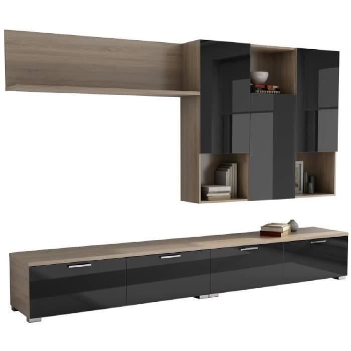 SUPER ZENIT Meuble TV contemporain décor chêne et laqué noir brillant - L 45 cm