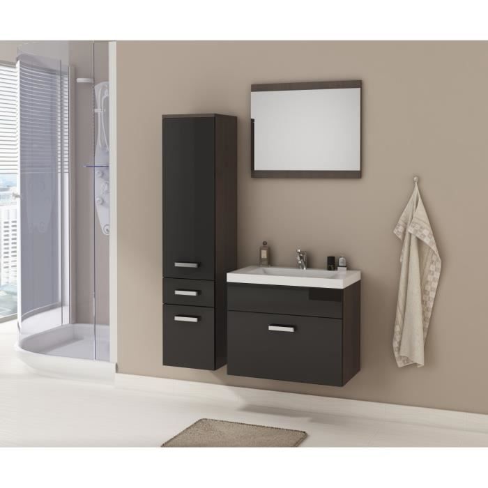 ALIDA Ensemble salle de bain simple vasque L 60cm avec miroir - Noir laqué et décor wengé