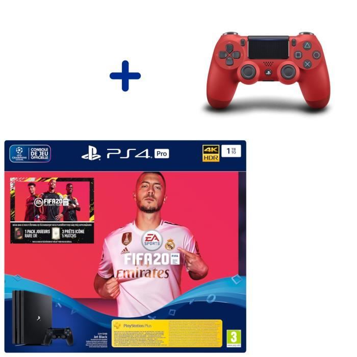 Pack Console PS4 Pro 1To Noire + Fifa 20 + Manette DualShock 4 Rouge + PS Plus Voucher 14 Jours