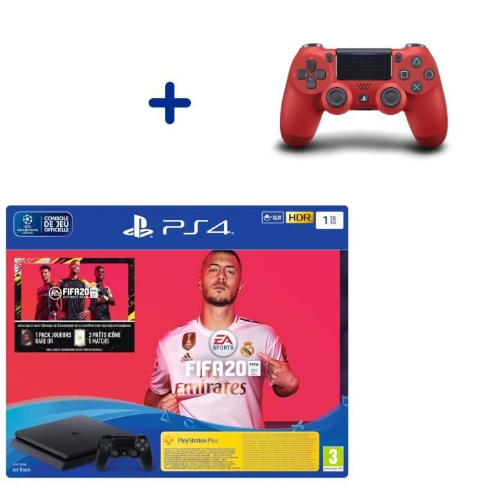 Pack Console PS4 Slim 1To Noire + Fifa 20 + Manette DualShock 4 Rouge + PS Plus Voucher 14 Jours