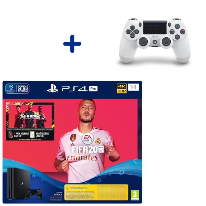 Pack Console PS4 Pro 1To Noire + Fifa 20 + Manette DualShock 4 Glacier White + PS Plus Voucher 14 Jours