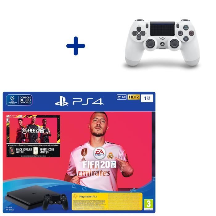 Pack Console PS4 Slim 1To Noire + Fifa 20 + Manette DualShock 4 Glacier White + PS Plus Voucher 14 Jours