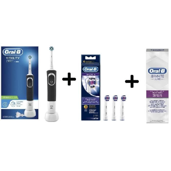 Pack Blancheur Oral B Vitality + lot de 3 brossettes 3D White + Dentifrice 3D White Luxe accélérateur de blancheur 75ml