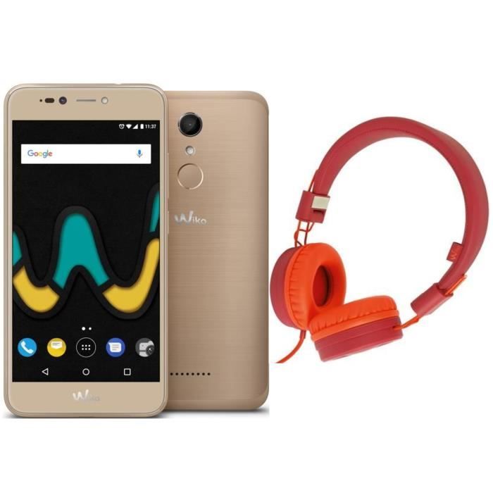 Wiko UPulse Or + Wishake Casque Filaire Rouge