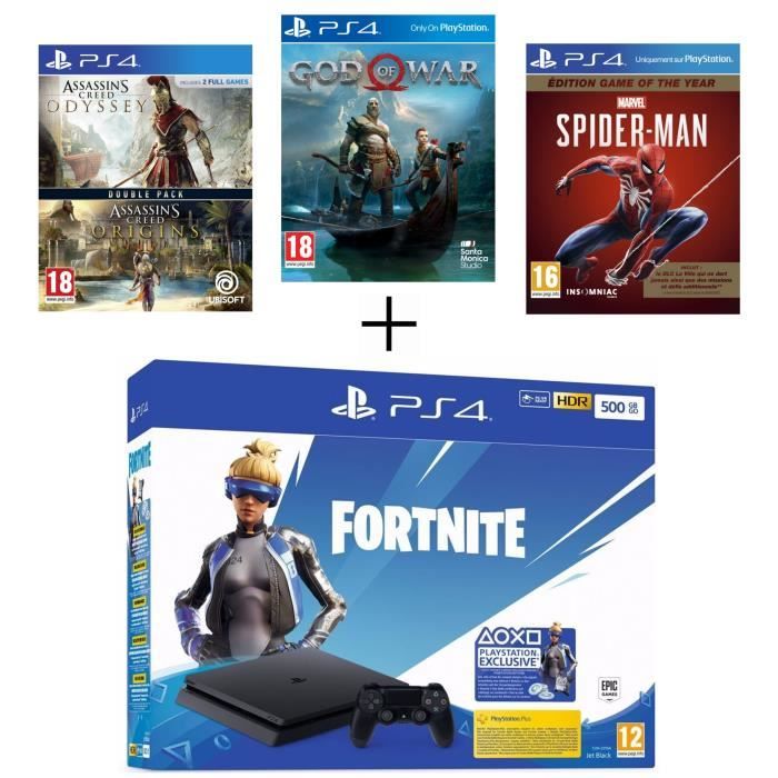 PS4 Slim 500 Go Noire + Voucher Fortnite + Marvel's Spider-Man GOTY + God of War + Assassin's Creed Origins & Odyssey