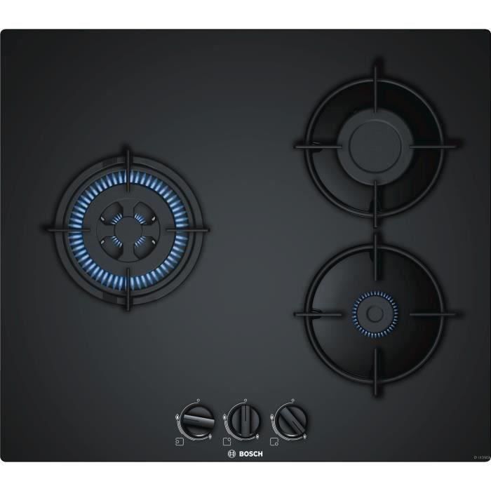 BOSCH PNC6B6B10 Table de cuisson gaz - 3 foyers - 7500 W - L 59 x P 52cm - Revêtement verre - Coloris noir