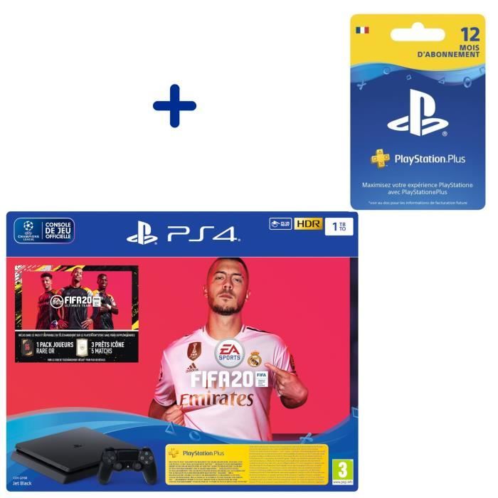 Pack Console PS4 Slim 1To Noire + FIFA 20 + PS Plus Voucher 14 Jours + Abonnement 12 Mois PS Plus