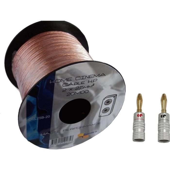LINEAIRE CCL25B-20 Câble Haut-parleur 2 x 2,5 mm² - Longueur : 20 m + 4x fiche banane métal doré