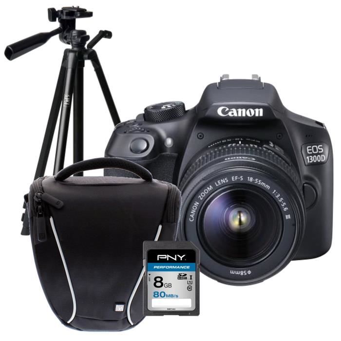 Pack Débutant : CANON EOS 1300D + EF-S 18-55mm DC III Appareil photo Reflex + Carte 8Go + Sacoche + Trépied