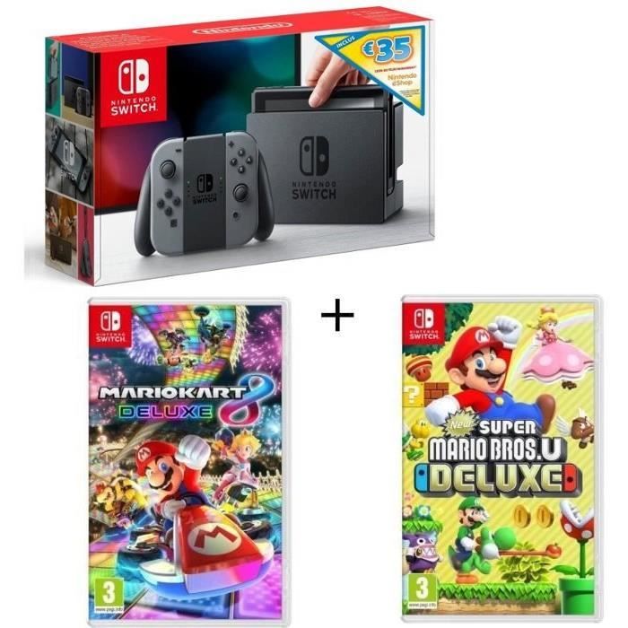 Pack Nintendo Switch Grise Edition Limitée + New Super Mario Bros U Deluxe + Mario Kart 8 Deluxe + code téléchargement 35€ Nintendo