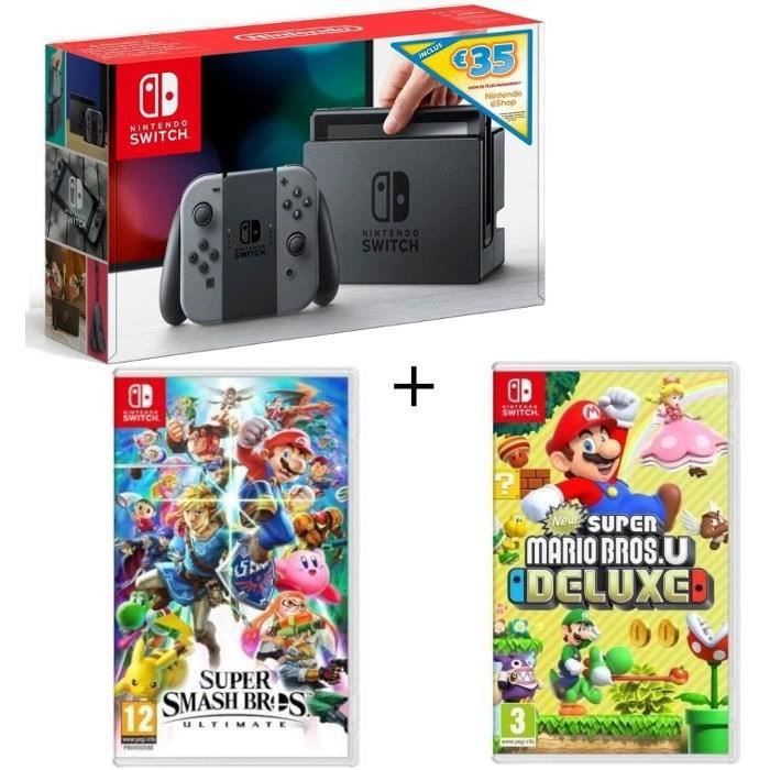 Pack Nintendo Switch Grise Ed.Limitée + New Sup.Mario Bros U Deluxe + Super Smash Bros Ultimate + code téléchargement 35€ Ntd eshop