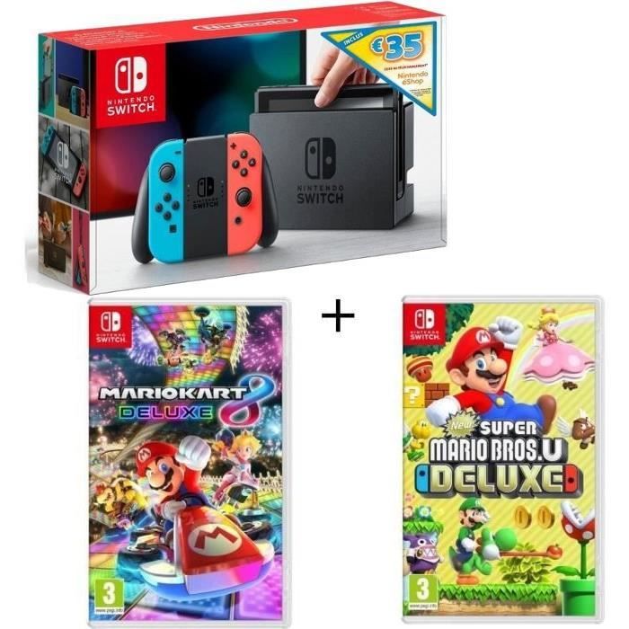 Pack Nintendo Switch Néon + New Super Mario Bros U Deluxe + Mario Kart 8 Deluxe + code téléchargement 35€ Nintendo eShop