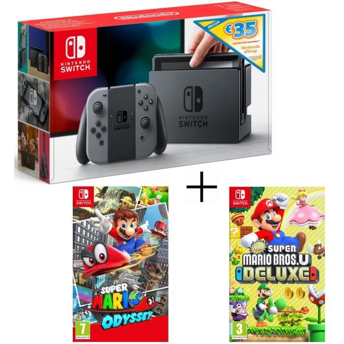 Pack Nintendo Switch Grise + code téléchargement 35€ Nintendo eShop +New Super Mario Bros U Deluxe + Super Mario Odyssey