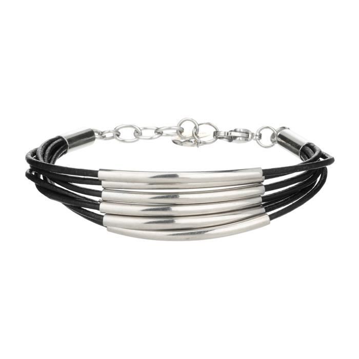 MAC DOUGLAS Bracelet Cuir Noir 7 Tubes Acier Mac Douglas