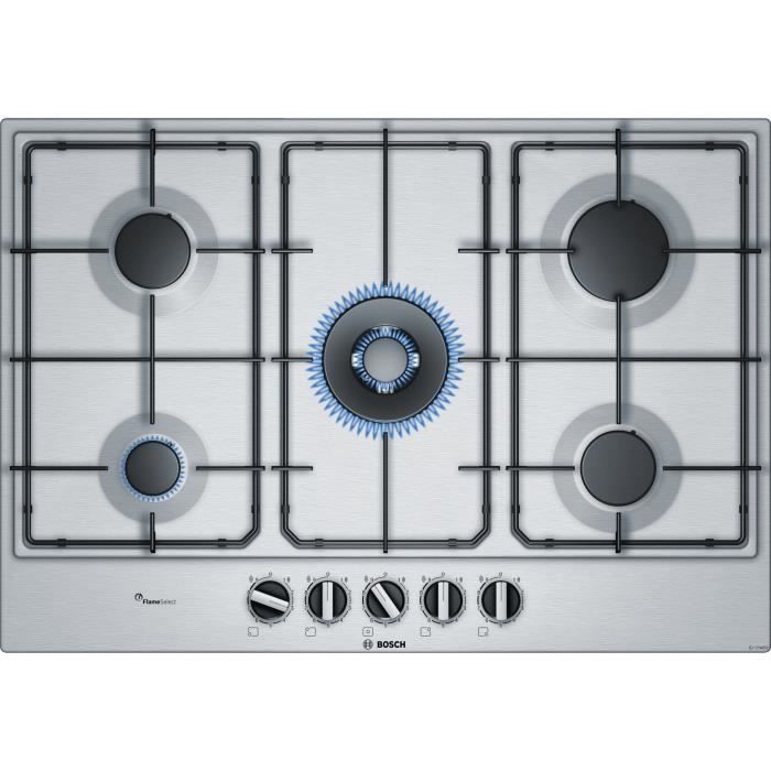 BOSCH PCQ7A5B80 Table de cuisson gaz - 5 brûleurs - 11,5 kW max - L 75 x P52cm - Revêtement inox - Coloris inox
