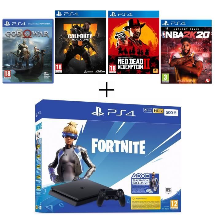 PS4 500 Go Noire + God of War + Call Of Duty Black Ops 4 + Red Dead Redemption 2 + NBA 2K20 + Voucher Fortnite