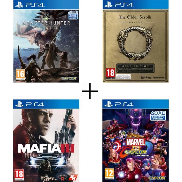 Pack 4 jeux PS4 : Monster Hunter World + The Elder Scrolls Online Edition Gold + Mafia 3 + Marvel vs Capcom Infinite