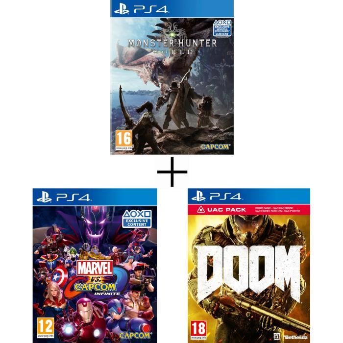 Pack 3 jeux PS4 : Monster Hunter World + Marvel vs Capcom Infinite + Doom UAC Pack