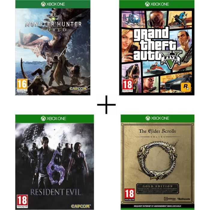 Pack 4 jeux Xbox One : Monster Hunter World + GTA 5 + Resident Evil 6 + The Elder Scrolls Online Edition Gold
