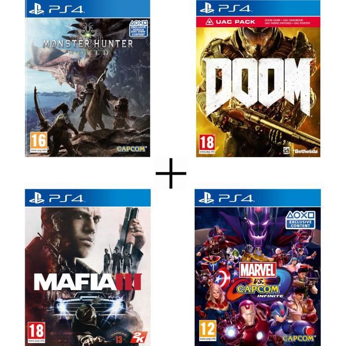 Pack 4 jeux PS4 : Monster Hunter World + Marvel vs Capcom Infinite + Mafia 3 + Doom UAC Pack