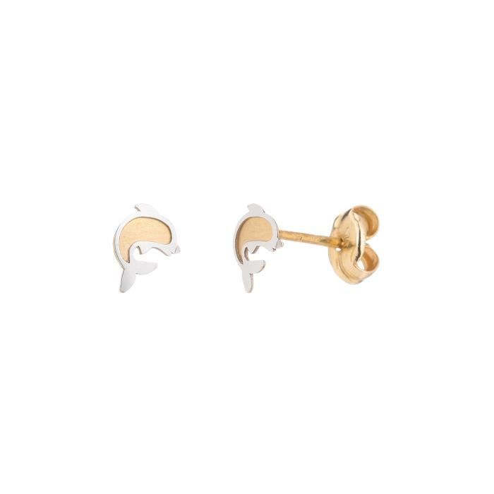 YSORA - Boucles D'Oreilles Dauphin en Or Bicolore 9 Carats - Enfant